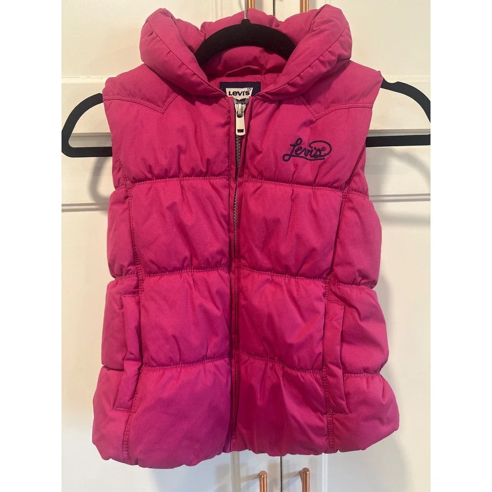 Levis Girls Magenta Pink Puffer Vest Quilted Full Zip Hoodless Size M 10-12 YRS